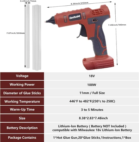 Miniatura 3 de Pistola de pegamento caliente de 100 W, pistola de pegamento inalámbrica para batería de iones de litio de 18 V Milwaukee con 20 barras de pegamento