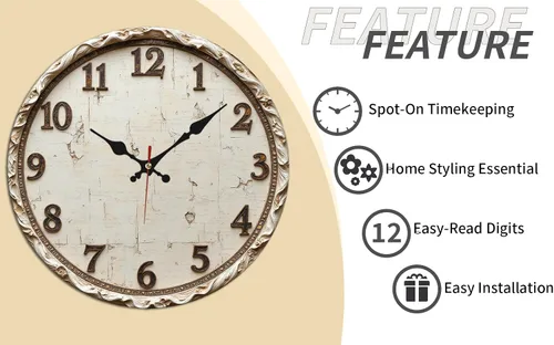 Miniatura 9 de Reloj de pared de madera envejecida blanco vintage con números tallados 9.8x9.8 in
