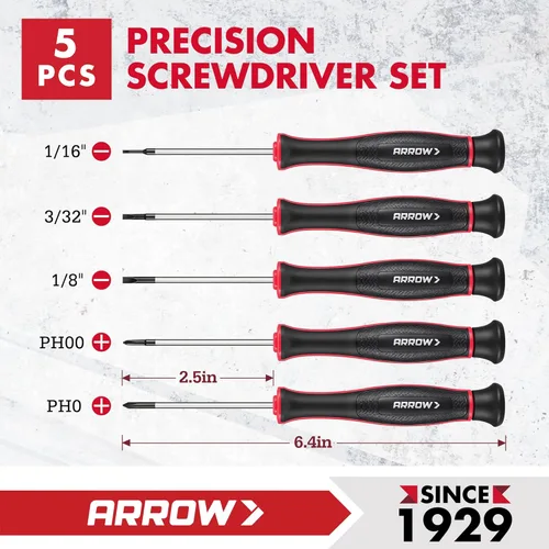 Miniatura 4 de ARROW - Juego de destornilladores de precisión de 5 piezas con bolsa, juego de destornilladores pequeños magnéticos, Phillips, ranurado, acero Cr-V