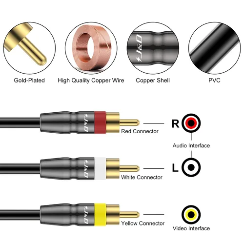 Miniatura 2 de J&D Cable 3RCA macho a macho de 3 pies, conectores chapados en oro, carcasa de cobre resistente, ideal para sistemas de entretenimiento en el hogar