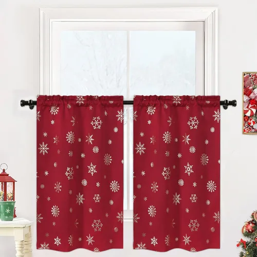 Miniatura 18 de FRAMICS Cortinas de Navidad con estampado de copos de nieve dorados en papel de aluminio, cortinas opacas con aislamiento térmico para sala de estar