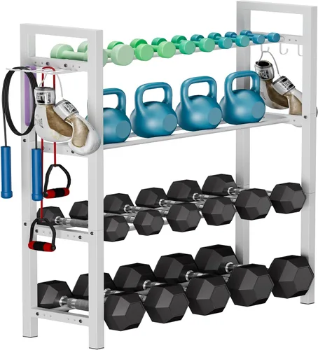 Miniatura 9 de Soporte ajustable para mancuernas y pesas rusas, organizador de metal resistente para entrenamiento de gimnasio en casa con gancho para accesorios