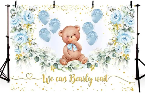 Miniatura 2 de MEHOFOND Telón de fondo de fiesta de baby shower de oso de 10 x 7 pies, fondo azul floral para fotografía, puntos dorados con purpurina dorada, Rosa