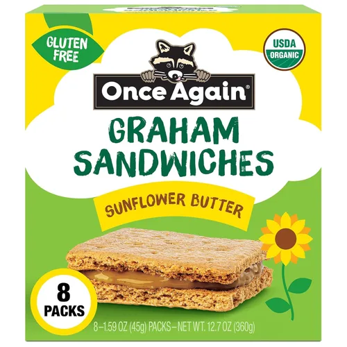 Once Again Sandwiches Graham de mantequilla de girasol, aperitivos sin gluten para niños y adultos, galletas sándwich con mantequilla de semillas de