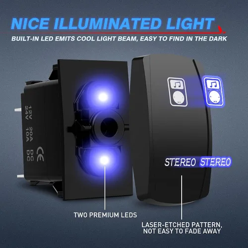 Miniatura 2 de MICTUNING LS083601JL - Kit de interruptor basculante estéreo láser, luz LED de encendido/apagado, 20A 12V, azul