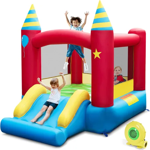 Miniatura 13 de HONEY JOY Casa inflable de rebotes, luna inflable para niños con tobogán, área gigante de saltos, fosa de pelotas oceánicas, aro de baloncesto