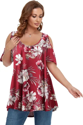 Miniatura 3 de LARACE Camisetas con hombros descubiertos para mujer talla grande cuello en V manga corta ropa de verano túnica con botones
