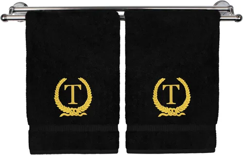 Miniatura 89 de Toalla de mano con monograma, regalo personalizado, 16 x 30 pulgadas, diseño de corona dorada bordada con letra blanca en toalla negra, extra