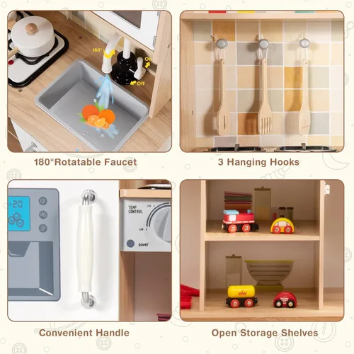Miniatura 7 de HONEY JOY Juego de cocina para niños, cocina de madera para niños pequeños, microondas, grifo, estufa con luces, pizarra, armario de almacenamiento