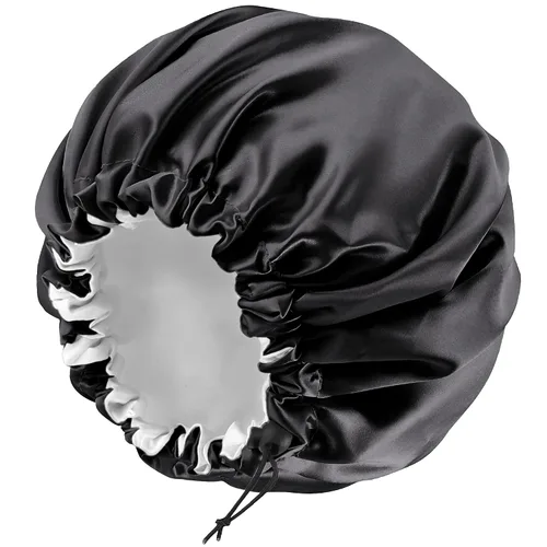 Miniatura 24 de Gorro de seda de satén para cabello rizado, gorro trenzado para dormir, para mujer, grande, doble capa ajustable (2 unidades, negro)