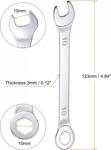 Miniatura 2 de uxcell Llave combinada delgada con extremo de 6 puntos compensado y extremo abierto angular, chapado en cromo espejo métrico de acero al carbono