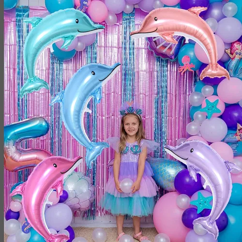 Miniatura 6 de 5 Globos Gigantes de Delfín, Globos de Lámina Metálica Mylar de Delfín Salpicadura de 46 Pulgadas, Animales Oceánicos para Fiesta de Cumpleaños