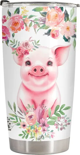 Miniatura 2 de 34HD Cute Pig - Vaso de 20 onzas con tapa, diseño de cerdo, de acero inoxidable, aislado al vacío, taza de café de viaje, regalo de cumpleaños