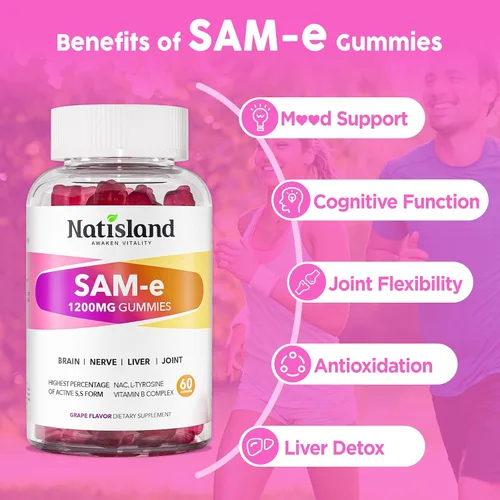 Miniatura 5 de SAM-e con gomitas de L-tirosina, complejo B metilado y NAC, suplemento SAM e de 1200 mg, folato de metilo y B12, para alivio del estrés y apoyo