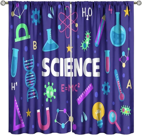 Miniatura 48 de Cortinas opacas para ventanas de ciencia para niños, lupa de libro de laboratorio de ciencia, lupa, frascos moleculares, cortinas impresas