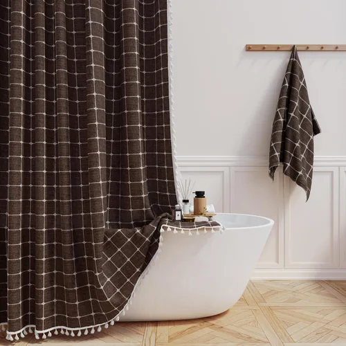 Miniatura 23 de BTTN Juego de cortinas de ducha estilo bohemio de granja con borlas, tela rústica de lino resistente, repelente al agua, cortinas de ducha gruesas A