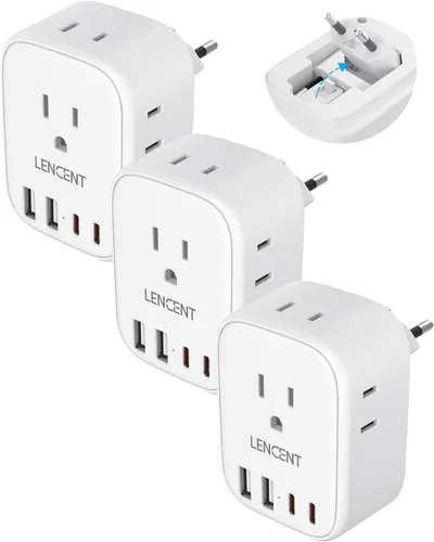 Miniatura 11 de LENCENT - Paquete de 2 adaptadores de enchufe de viaje europeos, enchufe plegable tipo C de Estados Unidos a Europa con 4 tomas, 4 puertos USB