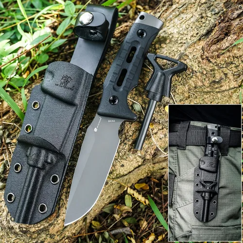 Miniatura 5 de HX OUTDOORS Cuchillo de Hoja Fija para Acampar con Iniciador de Fuego, Cuchillo de Supervivencia Bushcraft de Acero DC53 Premium con Espiga Completa