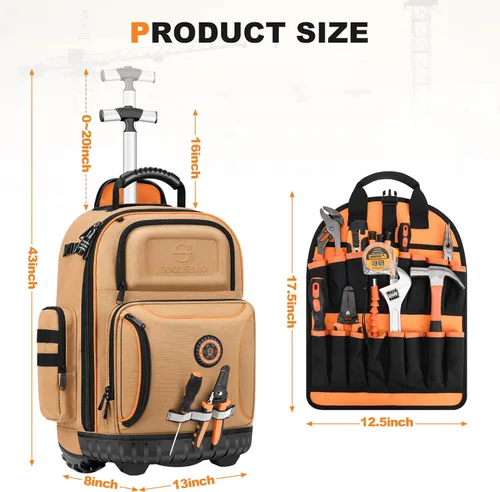 Miniatura 6 de Mochila de herramientas con rueda, mochila de herramientas rodantes para electricista, bolsa de herramientas con ruedas para trabajos de Marrón