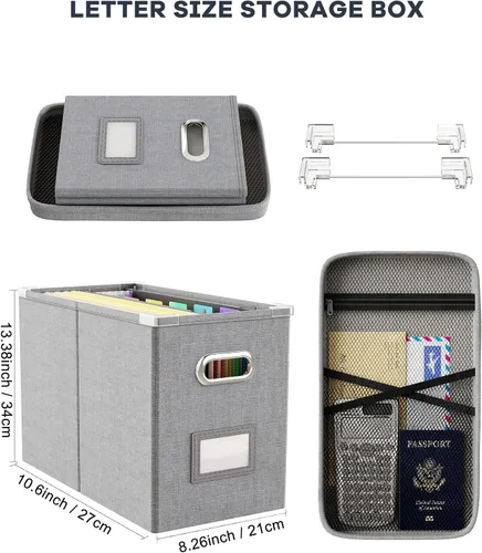 Miniatura 2 de Oterri Caja de archivos colgante con bolsillo de malla, caja organizadora de archivos con tapa, caja organizadora de documentos plegable