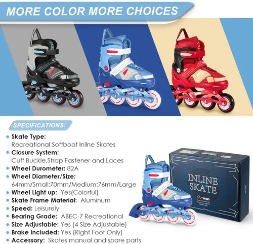 Miniatura 5 de Patines en línea ajustables para niños y niñas con ruedas de luz completa, patines para niños de 6 a 12 años, niños pequeños de 3 a 5 años, jóvenes