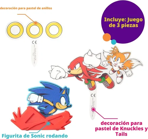 Miniatura 5 de DecoSet Sonic The Hedgehog - Juego de decoración de 3 piezas con cola y nudillos para tartas, anillos y figura de acción de Sonic rodante
