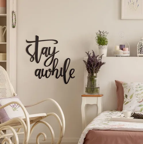 Miniatura 7 de Vivegate Letreros metálicos para pared con texto en inglés «Stay Awhile», 2 letreros negros para decoración del hogar (mediano: 28 x 12 pulgadas)