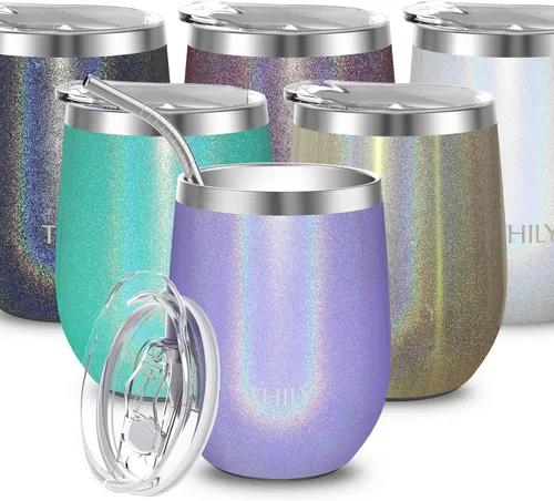 THILY T2 Vaso de vino de acero inoxidable aislado – Juego de copas de vino sin tallo con triple aislamiento de viaje con tapa hermética y popote