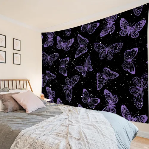 Miniatura 14 de HVEST Tapiz espacial de mariposa en galaxia para dormitorio, cielo estrellado blanco y negro para colgar en la pared para sala de estar, decoración