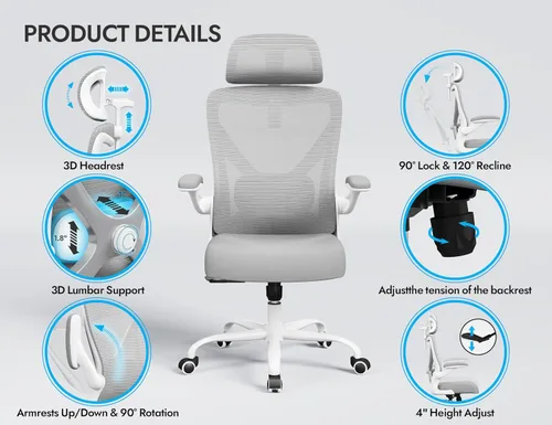 Miniatura 8 de Silla ergonómica de oficina Ergalithic - Sillas de escritorio para computadora, cómodas, de malla, con respaldo alto, silla de gaming con soporte