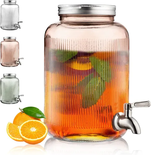Miniatura 9 de Berglander Dispensador de bebidas de vidrio para refrigerador, dispensador de bebidas de 1 galón con grifo de acero inoxidable a prueba de fugas