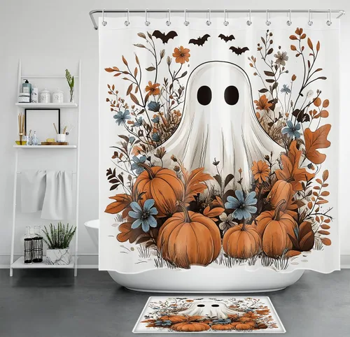 Miniatura 21 de LB Cortina de ducha pequeña de fantasma de Halloween de 48 x 68 pulgadas, forro de cortina de ducha de tamaño medio floral naranja, divertidas