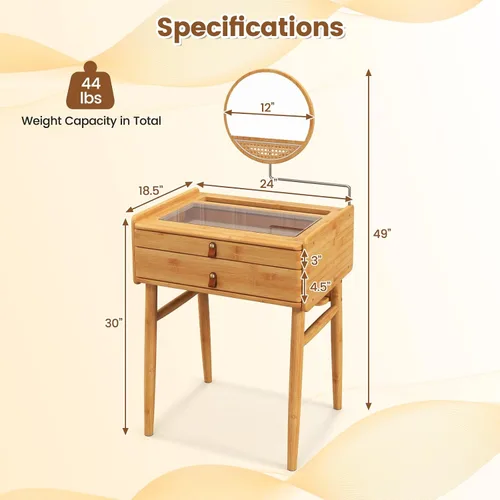Miniatura 6 de CHARMAID Mesa de tocador de maquillaje, escritorio de bambú que ahorra espacio con espejo giratorio, 2 cajones, espacio de almacenamiento profundo
