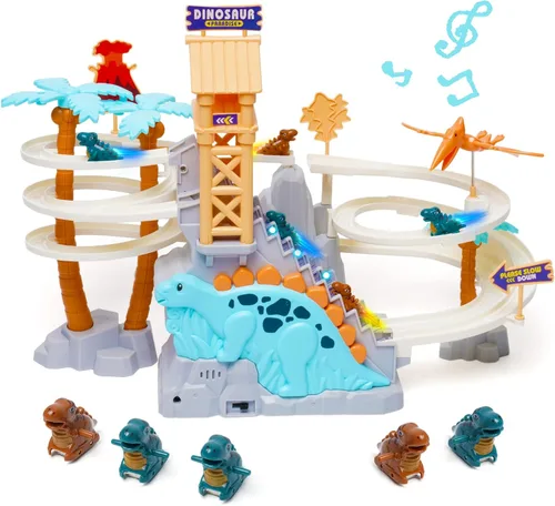 Juego de pista de persecución de dinosaurios con música, tobogán de doble bucle, subir escaleras y montaña rusa, juguete educativo para niños Verde