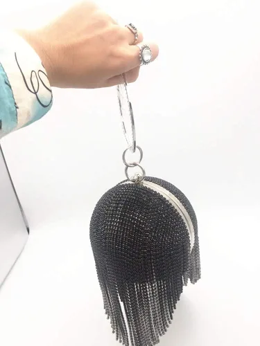 Miniatura 2 de Bolso de mano redondo para mujer, deslumbrante borla de diamantes de imitación, bolso de noche con asa de anillo, bolso de noche para mujer, bola