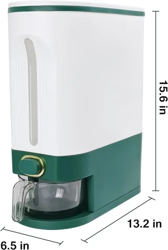 Miniatura 2 de LUOKER Dispensador de arroz, almacenamiento de arroz de 25 libras con taza medidora, recipiente de arroz blanco y verde con un solo toque