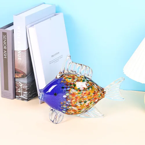 Miniatura 6 de Figuras grandes de peces de vidrio soplado a mano, arte de vidrio marino para acuario, escultura de estatua de pez azul y naranja, acento costero