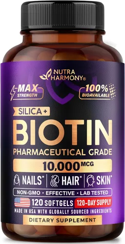Biotina 10000mcg con silicio – Suplemento de biotina de grado farmacéutico para mujeres – Apoyo al crecimiento del cabello, piel y uñas – Máxima