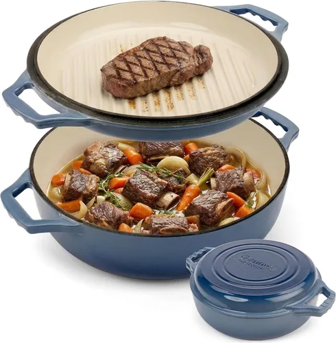 Sartén Braseadora de Hierro Fundido Esmaltado 2 en 1 con Tapa de Parrilla - Horno Holandés Pequeño de 3.3 Cuartos, Sirve como Cazuela y Sartén de