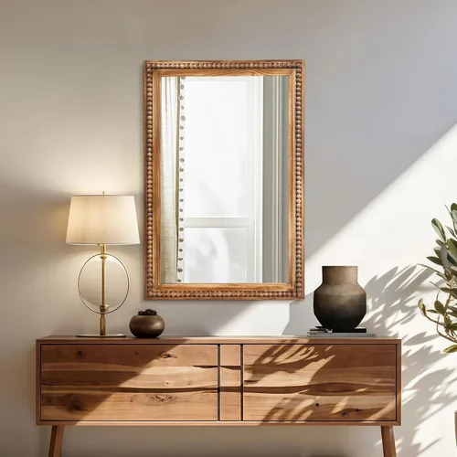 Miniatura 5 de ULIKE Espejo rectangular de madera con marco de cuentas de madera natural, 24 x 36 pulgadas, espejo de pared rústico de granja para baño, guardería