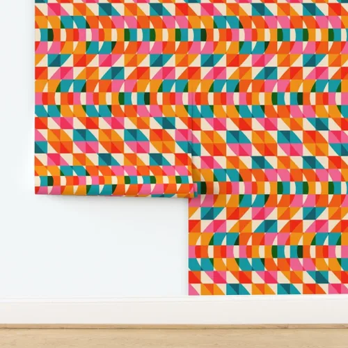Miniatura 4 de Muestras de papel tapiz removibles – Retro Cuadros Ondas Rosa Verde Azul Rojo Naranja Rayas Papel pintado personalizado pre-pegado por Spoonflower