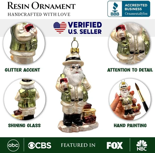 Miniatura 3 de Adorno de cristal soplado a mano de Papá Noel de safari aventurero, decoración navideña temática de viaje de explorador africano de la selva