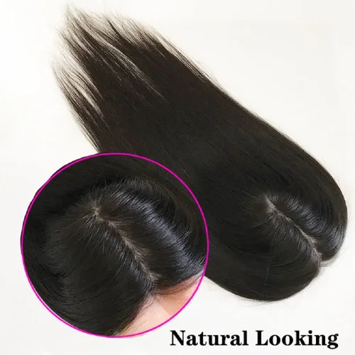 Miniatura 5 de Parte superior de cabello humano con base de seda larga con clip de 5 x 5 pulgadas, extensiones de cabello lacio virgen 100% real, 4.7 x 5.1 in