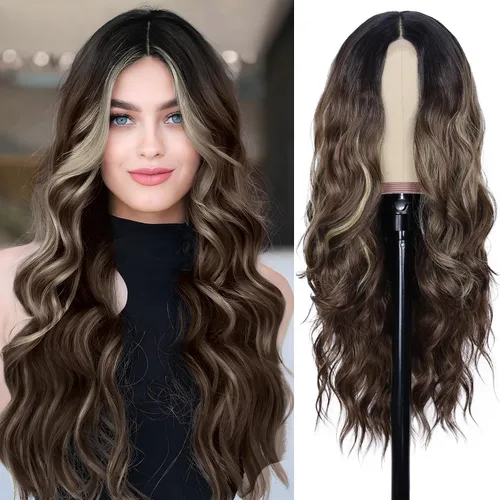 Miniatura 18 de NAYOO Pelucas marrones con flequillo para mujer, pelucas de cabello largo y ondulado, resistentes al calor, pelucas de fibra sintética para uso