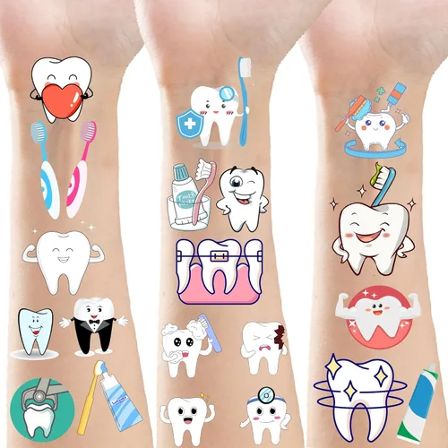 380 calcomanías de tatuajes temporales de dientes para hospitales dentales para fiestas dentales, cepillo de dientes, recuerdos de fiesta de