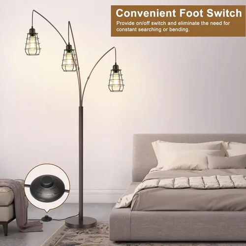 Miniatura 5 de Lámpara de Pie Industrial, Lámpara de Pie de Arco de 3 Luces para Sala de Estar, Lámpara de Pie Alta de 76 Pulgadas con Pantallas de Jaula de Metal
