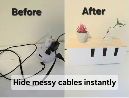 Miniatura 2 de Juego de 2 cajas de organización de cables, organizador de cables con tapa de bambú, caja organizadora de cables grande y mediana para escritorio