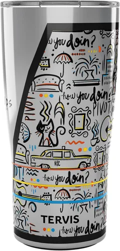 Tervis Traveler Friends Pattern Vaso de Viaje Térmico con Aislamiento de Triple Pared Mantiene las Bebidas Frías y Calientes, 20oz, Acero Inoxidable