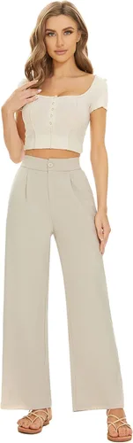Miniatura 2 de FUNYYZO Pantalones de lino de cintura alta de pierna ancha para mujer, pantalones casuales de trabajo con cintura elástica
