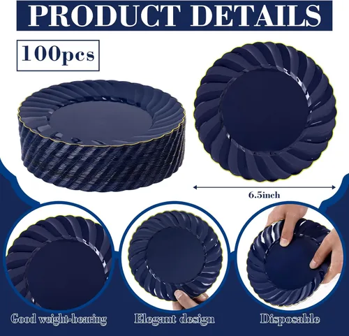 Miniatura 2 de YOUBET Paquete de 100 platos de plástico festoneado azul, platos desechables azul marino de 6.5 pulgadas, elegante plato de postre vintage de alta